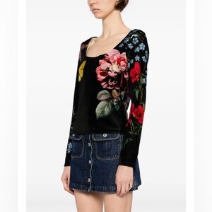 ALICE + OLIVIA Delaina Womens Top Long Sleeve Velour In the Wild Botanical Small
